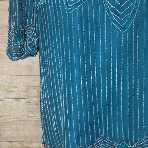 Vintage Stenay Teal Beaded Blouse - Picture 6 of 14